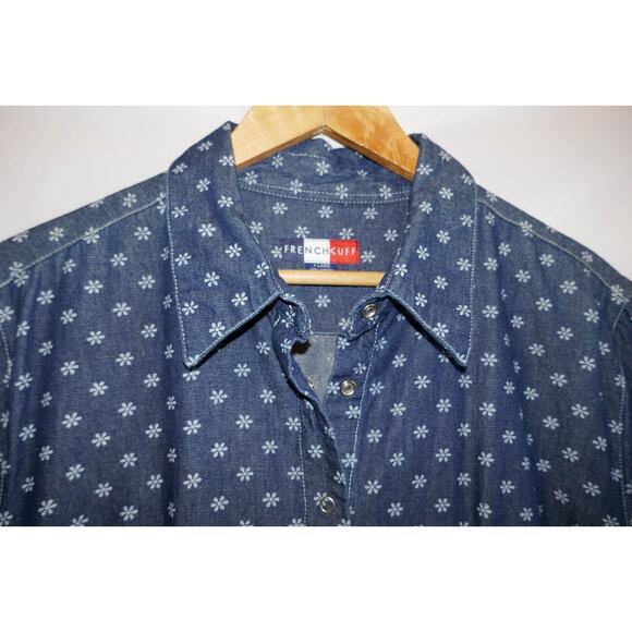 French Kuff Denim Collared Dress White Floral Pattern Detail Snap Closure XL - Picture 7 of 9